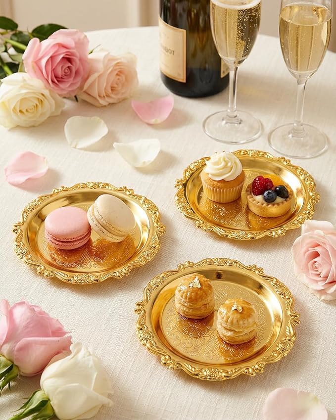 Gold Decorative Tray Set of 2, 10'' Round Vintage Metal Serving Tray, Medium Ornate Coffee Table Centerpiece, Vanity Tray for Perfume, Jewelry, Party Decor