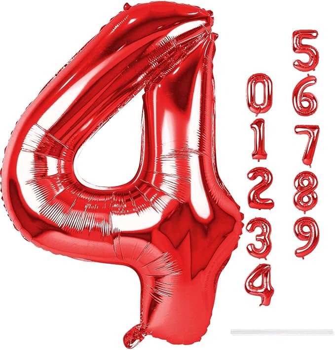 40 Inch Red Foil Balloon Number 4, Giant Self Inflating Number Balloons 0-9 for Men Women, Digital 4 Helium Balloons Set for Girls Boys 4th Birthday Anniversary Party Decorations Supplies