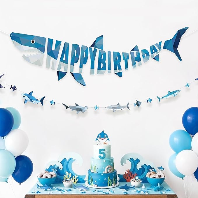 Cheerland Shark Birthday Party Decorations Happy Birthday Banner Hanging Shark Garland Decor Geometric Style Under The Sea Nautical Ocean Theme Pool Party Supplies