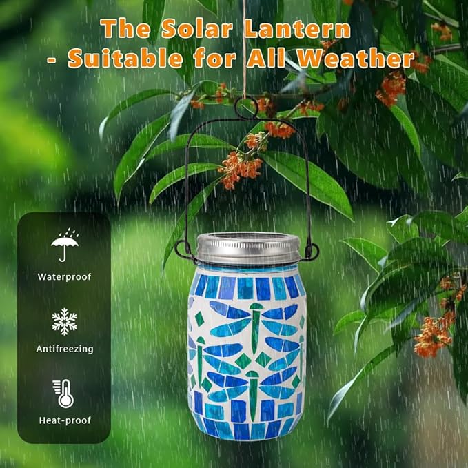 Starsoul 2 Pack Solar Hanging Lanterns Outdoor Waterproof, Mosaic Dragonfly Decor Glass Solar Outdoor Lights, Decorative Solar Lantern for Outside Pathway Patio Porch Yard Decor