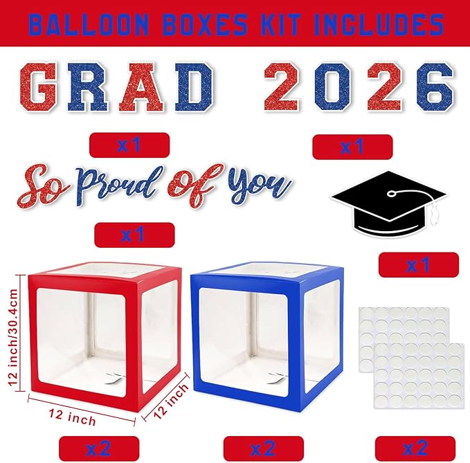 2026 Graduation Decorations, Red and Blue Graduation Decorations, Balloons Boxes (4PCS) with Letters 2026 GRAD So Proud of You, Congrats Grad Decorations for High School & College