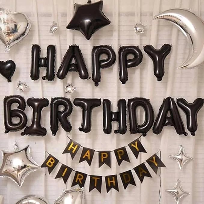 Happy Birthday Balloon Banner Black Silver, 16 Inch Mylar Foil Letter Balloons, Reusable Birthday Decorations with Black and Silver Balloons, Inflatable Party Supplies for Women Men Boys Girls Decor