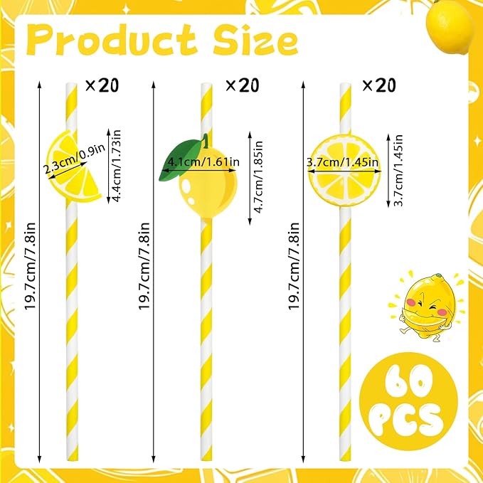 JANYUN 60 Pieces Lemon Paper Straws, 3 Styles of Lemon Decor Paper Drinking Straws for Party Decorations