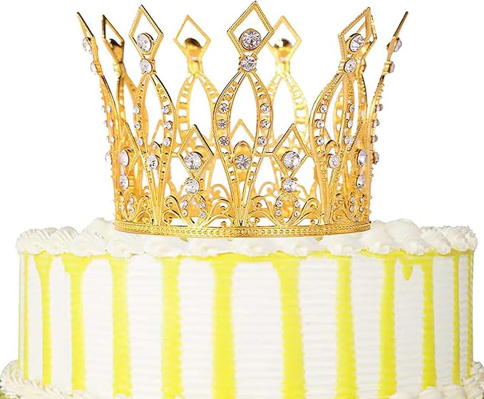 Crown Cake Topper Rhinestone Crystal Handmade Tiara Cake Decoration for Baby Shower Birthday Wedding Party Favors (Gold)