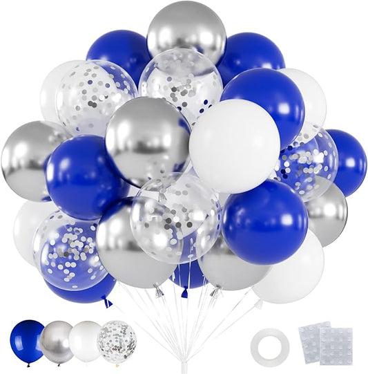 60pcs Blue and Silver Balloons, 12 Inch Royal Blue White Silver Confetti Balloons for Birthday, Baby Shower, Graduation Class of 2026, Father’s Day Party Decorations