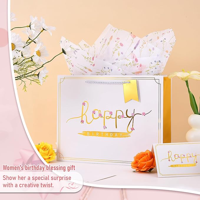 Powbrace 13" White Happy Birthday Gift Bag with Tissue Paper and Greeting Card for Party,Happy Birthday Gift Bag for Men and Women, Gift Bags Medium size (1 Pcs Hot Stamping)