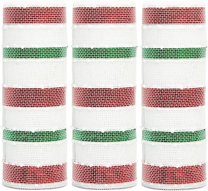 3 Rolls Snowball Red White Green Stripe Deco Mesh Ribbon for Wreath Making Supplies, 10 Inch x 30FT Metallic Foil Burlap Deco Mesh Fabric for DIY Crafts Christmas Tree Wreath Swags