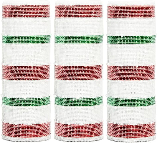3 Rolls Snowball Red White Green Stripe Deco Mesh Ribbon for Wreath Making Supplies, 10 Inch x 30FT Metallic Foil Burlap Deco Mesh Fabric for DIY Crafts Christmas Tree Wreath Swags