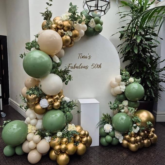 Sage Green Gold Latex Balloons, 50pcs 12 Inches Sage green Sand White Metallic Gold Confetti Balloons with 1 Ribbon for Baby Shower, Wedding, Birthday Party Decorations