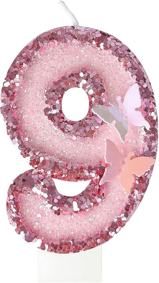 9th Birthday Candles，Glitter Butterfly Cake Toppers Pink Sequins Wedding Numeral Cupcake Decorations，Suitable for Girl and boy Wedding Cakes, Party Celebrations, Birthday Decorations
