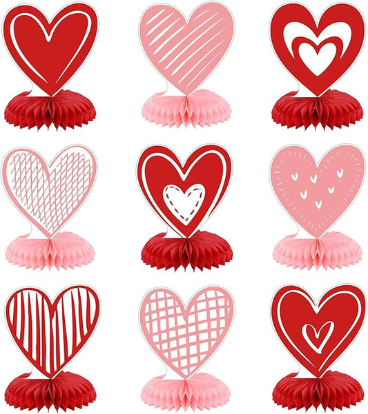 9Pcs Valentine's Day Honeycomb Centerpieces 3D Conversation Heart Tabletop Decorations Red Pink Love Table Topper Centerpiece for Wedding Anniversary Party Home Kitchen Table Decor