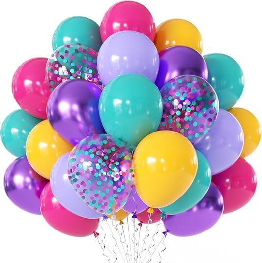 Pink Blue Purple Balloons - 50 Pcs 12 Inch Hot Pink Metallic Purple Teal Yellow Confetti Balloons for Magic Theme Birthday Baby Shower Engagement Party Decoration