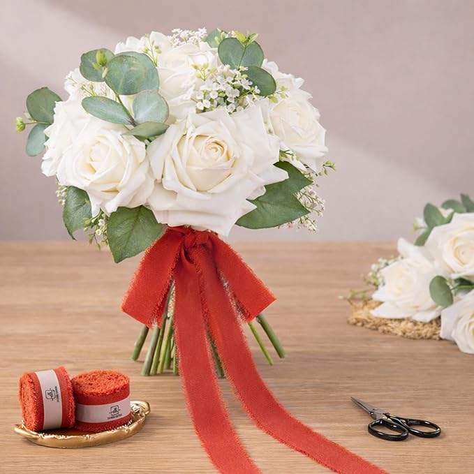 DORIS HOME Terracotta Chiffon Ribbon for Flower Bouquet, 1" x21Yd Fabric Ribbon for Gift Wrapping, Handmade Frayed Ribbon for Wedding Invitations/Christmas Decorations