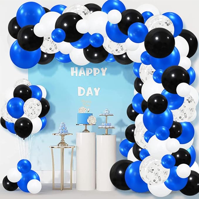 Royal Blue Black Silver White Balloon Arch Garland - Blue, Black, White Metallic Silver Confetti Balloons Video Game Balloon for Birthday Graduation 2026 Prom Party Decorations
