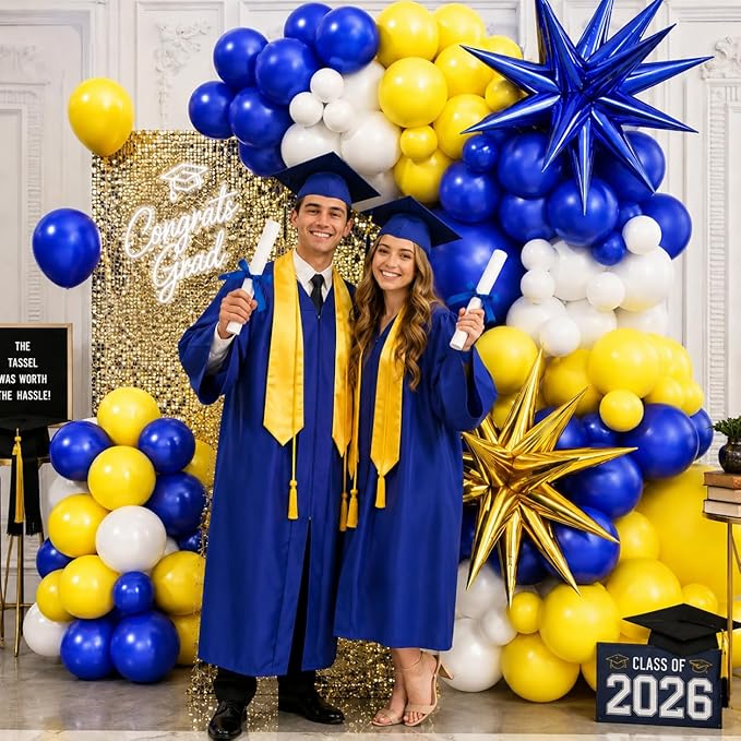 Blue Yellow Balloon Arch Kit, Royal Blue and Yellow White Balloons Garland Kit with 4D Foil Star Balloons, for Graduation 2026 Baby Shower Anniversary Birthday Wedding Party Decoration