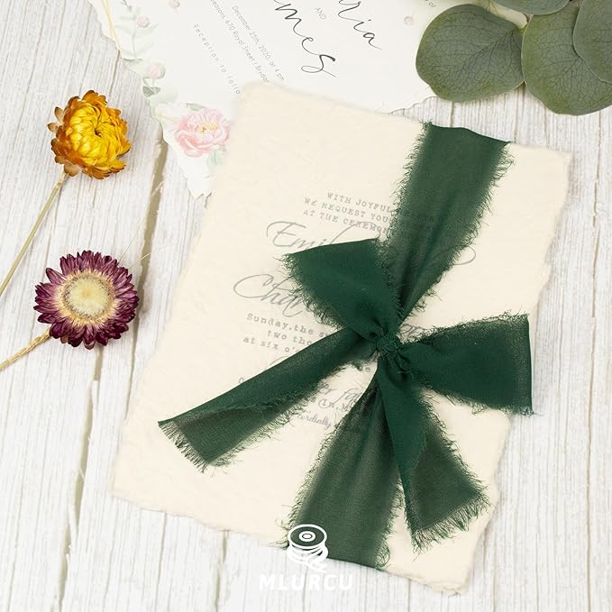 Forest Green Chiffon Fringe Silk Ribbon 1-1/2 Inch x 21 Yards - Boho Frayed Dark Green Ribbon for Gift Wrapping, Wedding Invitations, Bridal Flower Bouquets