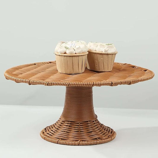 Efavormart Natural Plastic Rattan Wicker Pedestal Cake Stand, Round Rustic Cupcake Holder Dessert Table Display Centerpiece - 12"