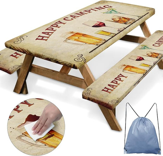 Picnic Table Cover with Bench Covers Elastic Edges, Vintage Camper Fitted Table Cover, Outdoor Camping Essentials 72 Inch 3PCS, Waterproof Camping Fitted Tablecloth with Drawstring Bag