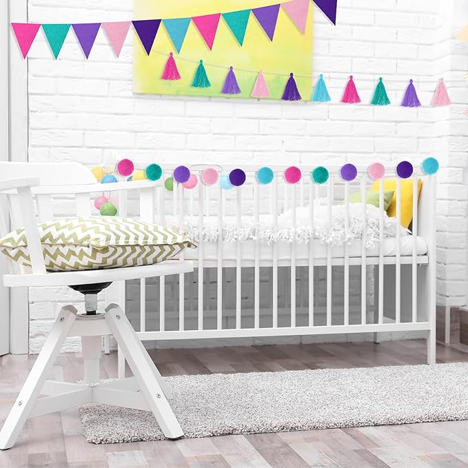 Irenare 9.8 ft Pom Pom Garland Felt Rainbow Garland 2026 Graduation Party Decoration Colorful Pennant Tassel Banner Back to School Birthday Triangle Banner for Classroom School Mantel(Mermaid Colors)