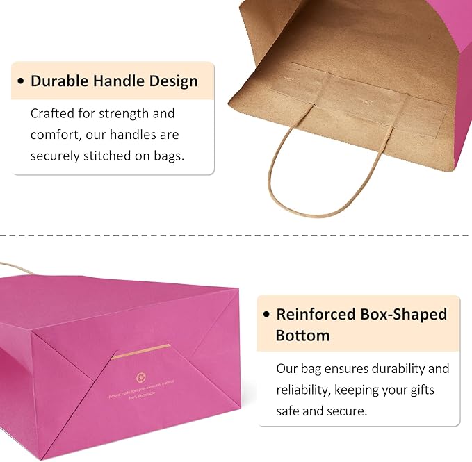 BagDream Small Gift Bags 25Pcs 5.25x3x8 Hot Pink Paper Bags with Handles, Kraft Pink Paper Sacks for Small Gifts, Birthday, Wedding Party Favor, Retail, Merchandise