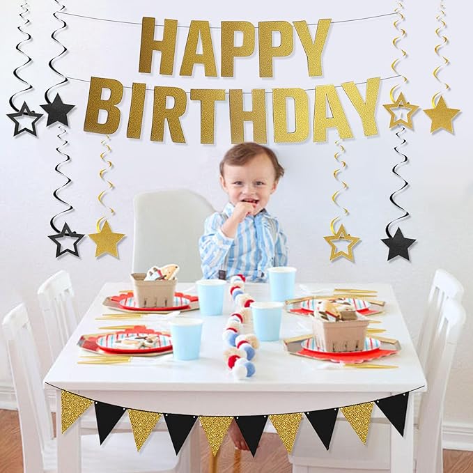Happy Birthday Banner Black and Gold Birthday Decorations, Glitter Gold Bday Banner Sign Black Golden Pennant Flag Banner Garland and Star Hanging Swirls Men Women Birthdays Party Supplies for All Age