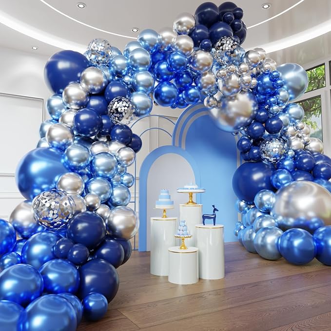 Blue Balloon Arch Kit, 102pcs Navy Blue Silver Blue Metallic Blue Difference Sizes Latex Balloons with 16ft Tape Strip & Dot Glue for Baby Shower, Birthday, Graduation Decoration