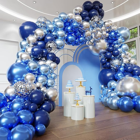 Blue Balloon Arch Kit, 102pcs Navy Blue Silver Blue Metallic Blue Difference Sizes Latex Balloons with 16ft Tape Strip & Dot Glue for Baby Shower, Birthday, Graduation Decoration