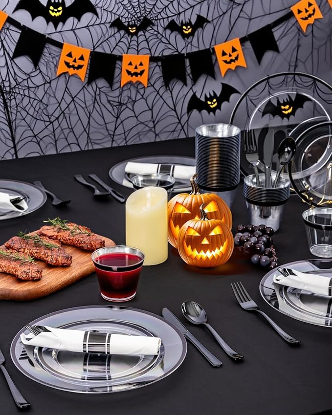 BESTVIP 350Pcs Clear Black Plastic Plates for Party, Disposable Dinnerware Set for 50 Guests, 100 Plastic Plates, 50 Cups, 50 Pre-Rolled Napkins with Cutlery for Graduation Party, Wedding, Halloween