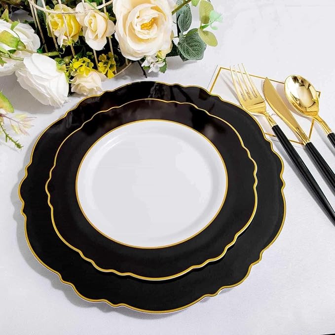 WDF 30Guest Black and Gold Plastic Plates - Gold Plastic Silverware With Black Handle Baroque Black and Gold Disposable Dinnerware for Graduation/Wedding/Party/Birthday