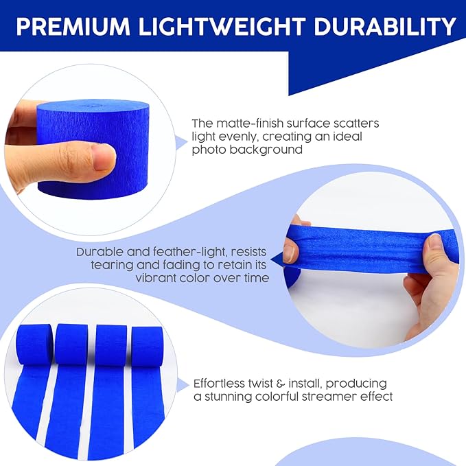 4 Rolls Crepe Paper Royal Blue Streamers – Perfect for Streamers Party Decorations, Wedding, Birthday, Graduation Party, Colored Decor, and DIY Craft Supplies(1.8 Inch x 82 Ft/Roll)