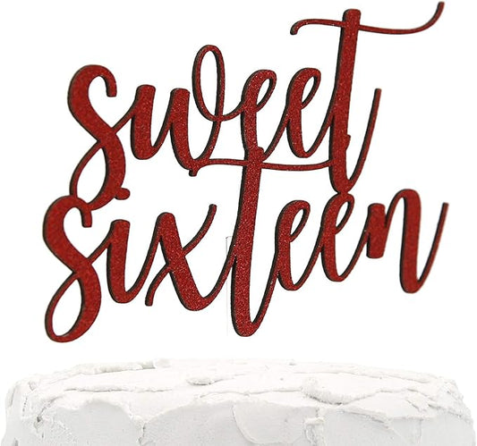 16th Birthday Cake Topper - Sweet Sixteen - Double Sided Red Glitter - Premium Quality Made in USA