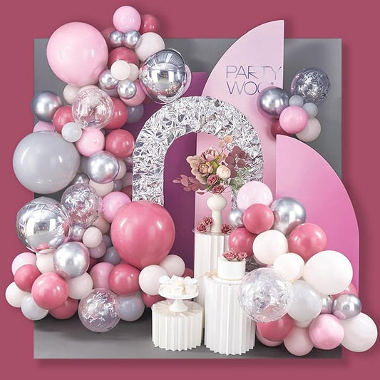 PartyWoo Pink Balloon Arch Kit Garland 142pcs Different Sizes of 18 12 10 5 Inch Magenta Fuchsia Light Baby Pastel Pale Pink Peach Gray Silver Balloons for Baby Shower Birthday Party Decorations