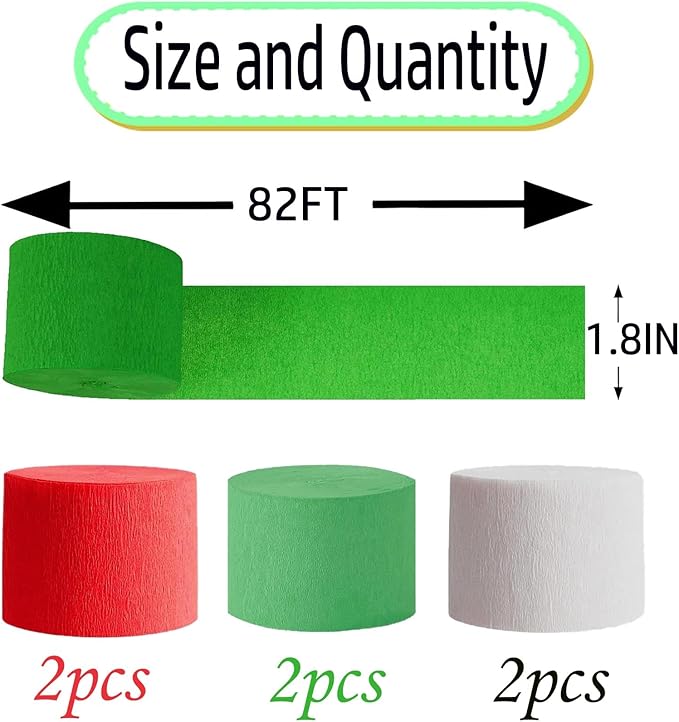 Red White and Green Crepe Paper 6 Pcs Streamers for Party Decorations, Birthday Christmas Wedding DIY Crafts, Gift Wrapping Supplies