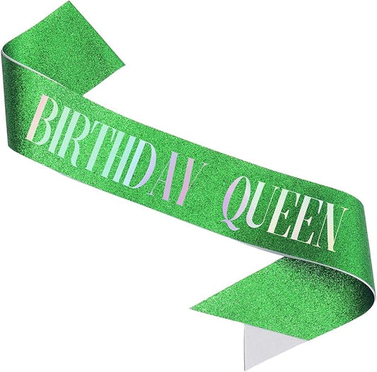 Birthday Queen Sash, Dazzle Foil Letter Glitter Green Birthday Sash for Women Girl 21st 30th 40th 50th 60th Funny Bday Gifts Party Favors Photo Prop