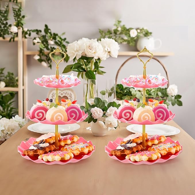 Patelai 8 Packs 3 Tier Cupcake Stand Holder Plastic Cake Serving Display Stand Tower Donuts Cookie Dessert Tray Holder Wave Shape with Gold Rod for Wedding Birthday Baby Shower Tea Party (Pink)