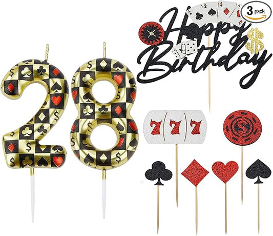 Casino Birthday Number Candles for Cake, Poker Birthday Candles for Casino Themed Birthday Party Decoration, Glitter Casino Birthday Cake Topper for Casino Night Theme Birthday Cake(Number 28 & 82)