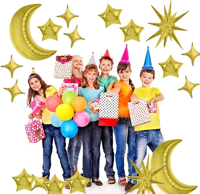 TONIFUL 44Pcs Gold Moon Explosion Star Foil Balloons Kit Large Moon Shape Star Mylar Foil Balloons for Birthday Wedding Baby Shower Anniversary Engagement Party Decorations Supplies