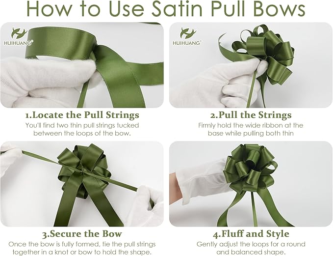 HUIHUANG Green Bows for Gift Wrapping 12 PCS Moss Green Pull Bows 4" x 8" Satin Gift Bow for Presents, Gift Basket, Paper Bag, Wrapping Accessories, Baby Shower Favors, Wedding Christmas Decor