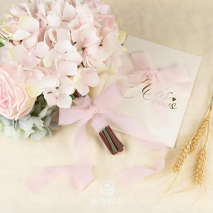 Pink Chiffon Ribbon 1 Inch x 21Yds Handmade Fringe Chiffon Silk Ribbon Dusty Rose/Blush/Pink Frayed Chiffon Ribbon for Wedding Invitation Flower Bouquets Gift Wrapping Bridal Shower Baby Shower