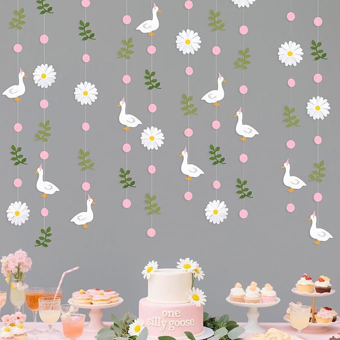 Pink Silly Goose 3D Daisy Flower Leaf Polka Dot Hanging Streamer Garland Banner for One Silly Goose Theme Birthday Baby Shower Wedding Bridal Shower Spring Summer Party Decorations Supplies