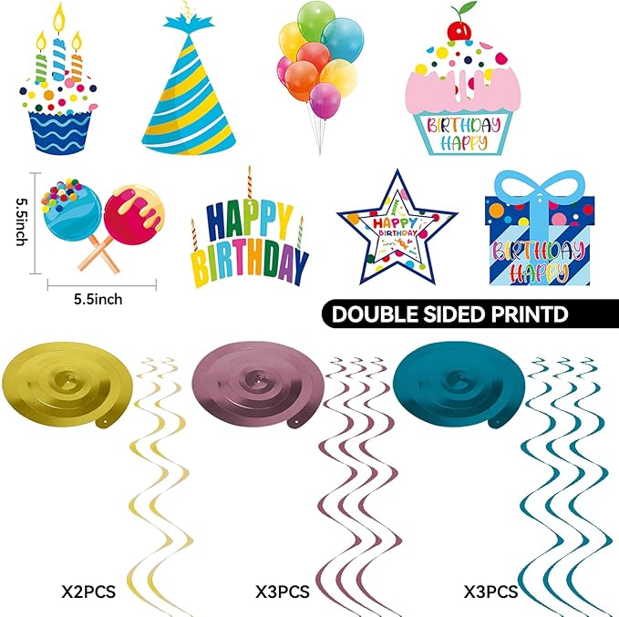Pre-Strung Blue Birthday Decorations Boys - 9PCS Happy Birthday Banner Hanging Swirls Decorations Supplies Cheers to Boy's Birthday Party