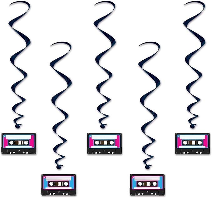 Beistle 5 Piece 80's Theme Cassette Tape Decorations Hanging Whirls Spirals For 1980's Party Supplies