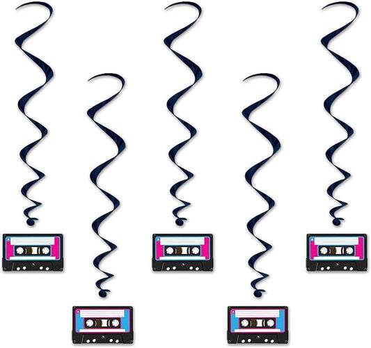 Beistle 5 Piece 80's Theme Cassette Tape Decorations Hanging Whirls Spirals For 1980's Party Supplies