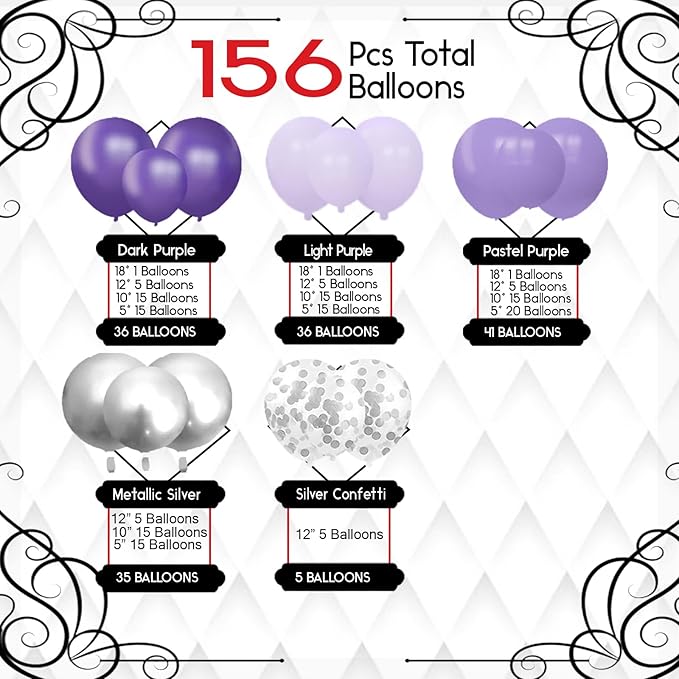 Archloon 156pcs Balloon Garland Arch Kit, Different Sizes 18 12 10 5 inch Lavender Latex Metallic Balloons for Girls Women Wedding Birthday Baby Shower Party Decorations Supplies