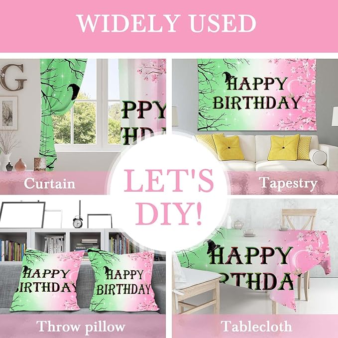Mocsicka Pink and Green Happy Birthday Backdrop Witch Party Decorations Banner Party Supplies for Movie Party Decorations Banner Photo Props (Pink and Green, 10x8ft(120"x96"))