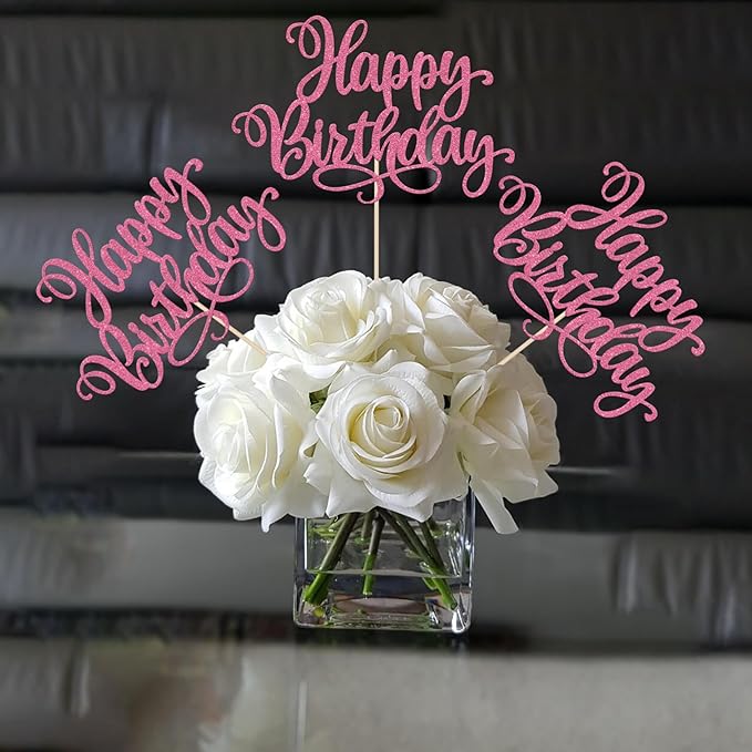 12 PCS Happy Birthday Centerpiece Sticks Double Sided Glitter Birthday Party Table Flower Centerpieces Anniversary Floral Decorations for Celebrating Birthday Party Centerpieces Supplies Pink