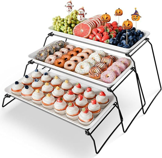 Extra Large 3-Tier Melamine Serving Tray Set and Cupcake Stand for Party Events, 17" Platters with Tiered Stand, Holds 63 Cupcakes, Food, Dessert, and Fruit – Black