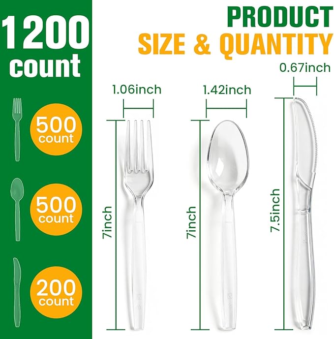 1200 Count Plastic Silverware Heavy Duty,Clear Disposable Plastic Utensils Set,500 Forks, 500 Spoons,200 Knives,BPA-Free, Heat Resistant PlasticCutlery, Plasticware Bulk for Catering & Events, Daily