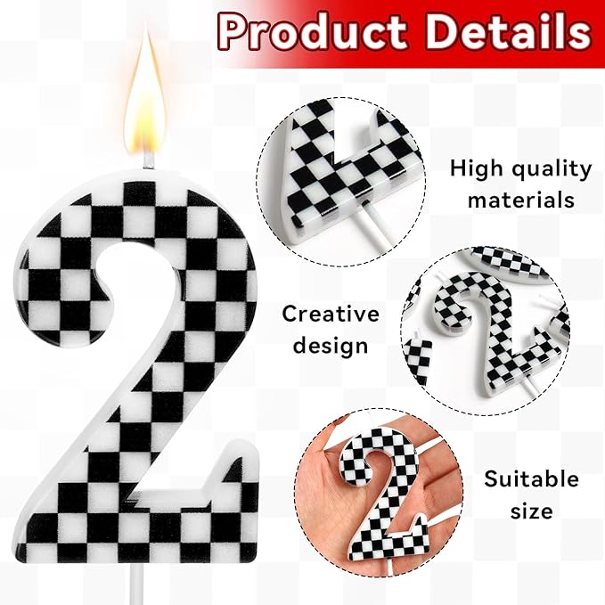 Racing Car Themed Birthday Candles, Number 2 Checkered Candles, Black & White Checkered Cake Topper, Cool Racing Themed Party Supplies, Special Candle