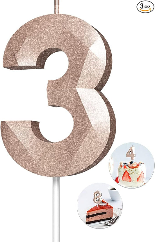 Number Birthday Candles(3 Candle Rose Gold) 3D Diamond Shape Number Happy Birthday Cake Candles for Birthday Party Wedding Decoration Reunions Theme Party